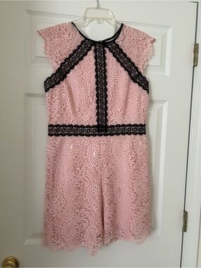 New York & Company Pink Lace Romper with Black Lace Trim